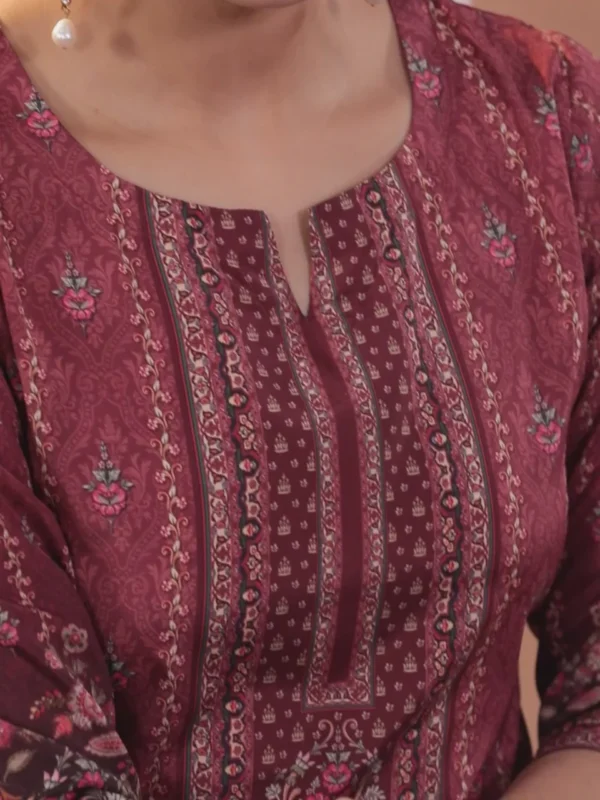 Maroon Printed Crepe Straight Kurta With Trousers & Dupatta - Image 5