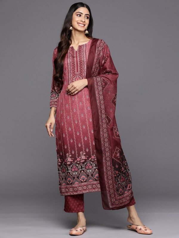 Maroon Printed Crepe Straight Kurta With Trousers & Dupatta - Image 4