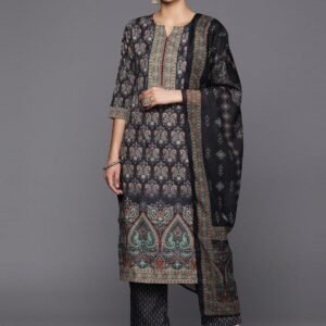 Navy Blue Printed Crepe Straight Kurta With Trousers & Dupatta