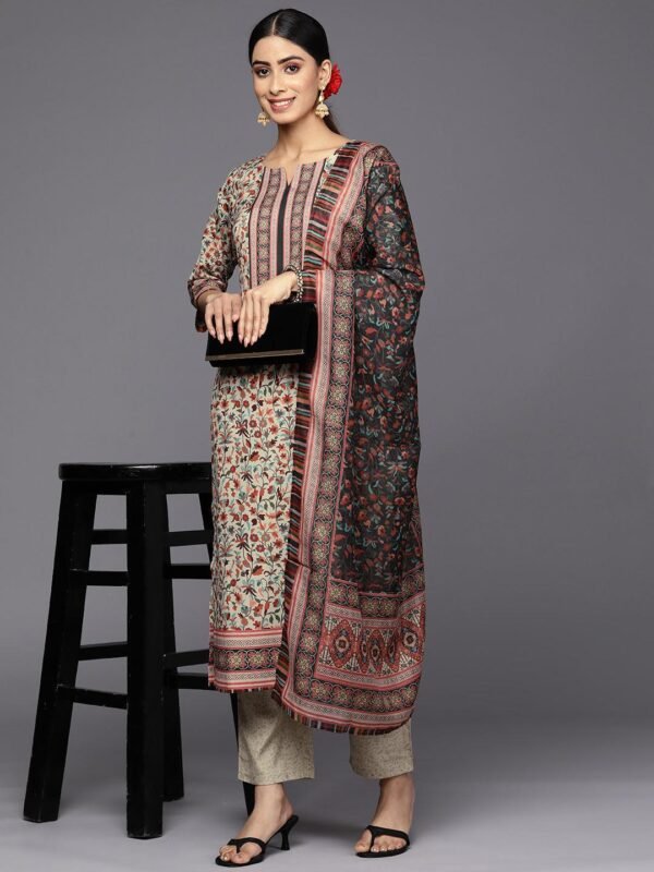 Tan Printed Crepe Straight Kurta With Trousers & Dupatta