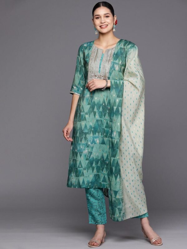 Teal Yoke Design Silk Blend Straight Kurta With Trousers & Dupatta - Image 6