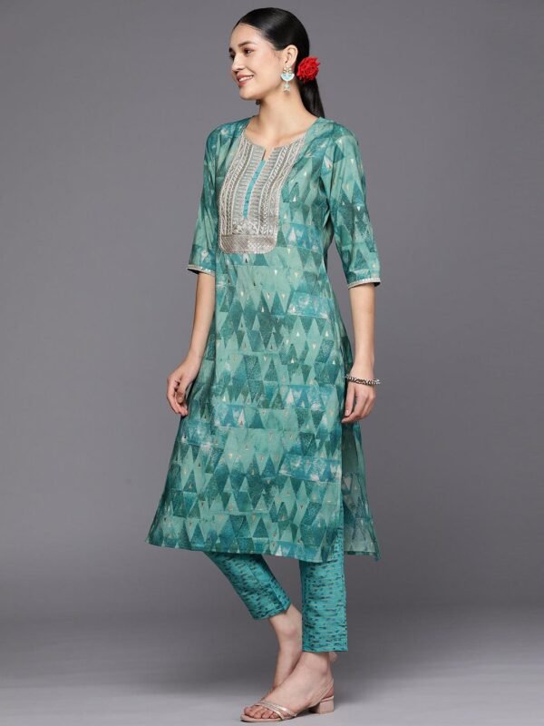 Teal Yoke Design Silk Blend Straight Kurta With Trousers & Dupatta