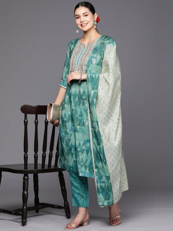 Teal Yoke Design Silk Blend Straight Kurta With Trousers & Dupatta - Image 4