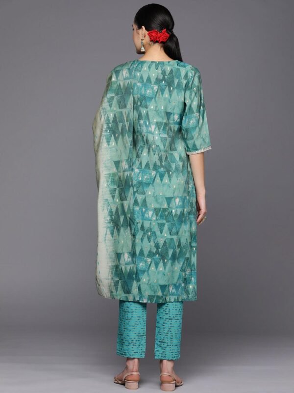 Teal Yoke Design Silk Blend Straight Kurta With Trousers & Dupatta - Image 3
